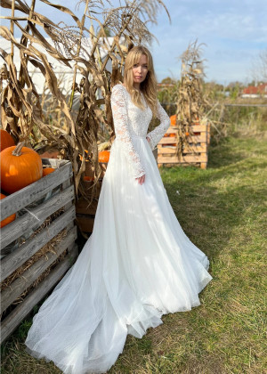 Long Sleeves Ivory Lace Polka Dots Tulle Boho Wedding Dress Long Sleeves Ivory Lace Polka Dots Tulle Boho Wedding Dress